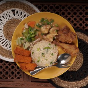 Fried Rice with Garlic Prawn, Fish Fillet Fry, Fried Chicken (Shonali) and vegetables