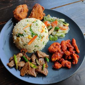 Fried Rice with Szechuan Chicken, Beef Chili Dry, Fried Chicken and vegetables