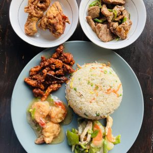 Fried Rice with Szechuan Chicken, Garlic Prawn, Beef Chili Dry, Fried Chicken and vegetables