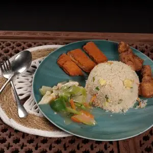 Fried Rice with Fish Fillet Fry, Fried chicken and vegetables