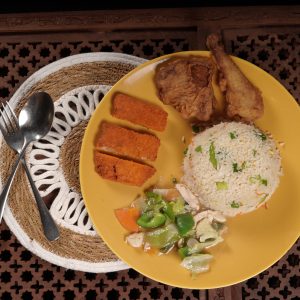 Fried Rice with Fish Fillet Fry, Fried chicken (Shonali), and vegetables