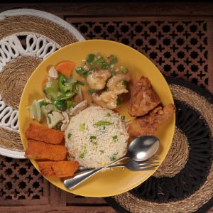Fried Rice with Garlic Prawn, Fish Fillet Fry, Fried Chicken and vegetables