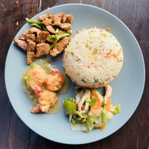 Fried Rice with Garlic Prawn, Beef Chili Dry and vegetables