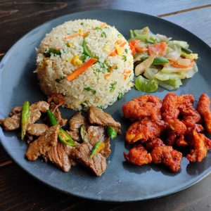 Fried Rice with Szechuan Chicken, Beef Chili Dry and vegetables