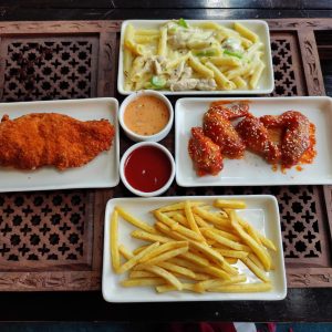 4. Creamy/Spicy Chicken Pasta (1Pax), Cheese Lava Chicken Breast (1Pcs) Buffallo Chicken Wings (4 Pcs) & French Fry